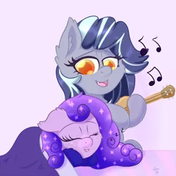Size: 1200x1200 | Tagged: safe, artist:luciusheart, derpibooru import, oc, oc:dream weaver, oc:rain, unofficial characters only, bat pony, bat pony oc, cute, lullaby, music notes, singing, sleeping, ukulele, weapons-grade cute