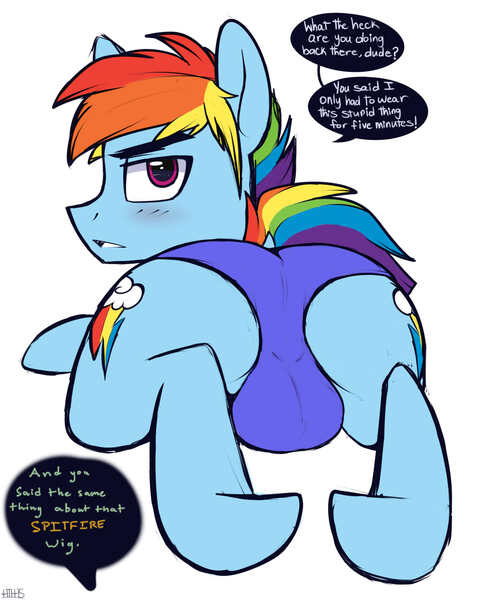 Size: 1200x1500 | Tagged: artist:higgly-chan, backsack, balls, blushing, both cutie marks, clothes, colored, color edit, crossdressing, crotch bulge, derpibooru import, dialogue, edit, male, nudity, panties, questionable, rainbow blitz, rainbow dash, rule 63, solo, solo male, underwear