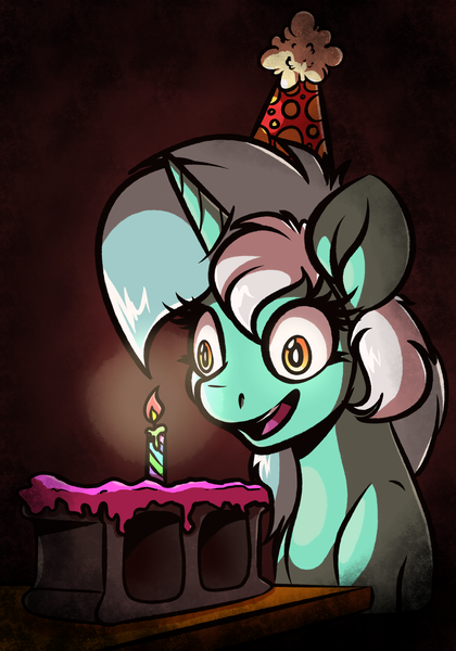 Size: 1024x1463 | Tagged: safe, artist:witchtaunter, derpibooru import, lyra heartstrings, pony, unicorn, birthday, birthday candles, brick, cake, candle, cinder block, concrete, crying inside, dead stare, faic, female, food, happy birthday, hat, insanity, lonely, mare, party hat, sad, smiling, solo, this will end in broken teeth