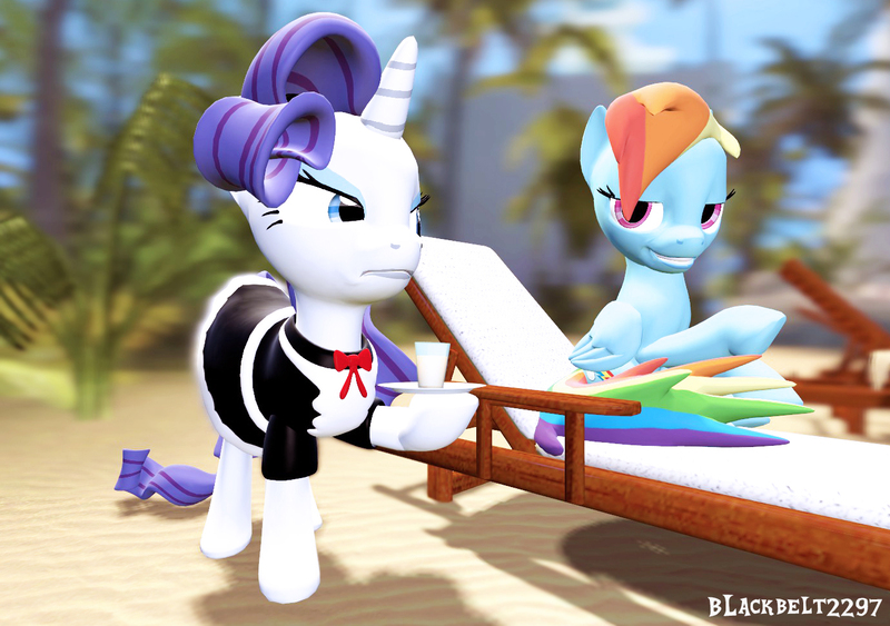 Size: 1377x969 | Tagged: safe, artist:blackbelt2297, derpibooru import, rainbow dash, rarity, pony, 3d, clothes, gmod, maid