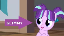 Size: 1366x768 | Tagged: safe, derpibooru import, edit, edited screencap, screencap, starlight glimmer, pony, unicorn, uncommon bond, captain obvious, caption arrow, cute, female, filly, filly starlight glimmer, glimmerbetes, glimmy, no shit sherlock, open mouth, pigtails, smiling, truth, yes, younger