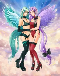 Size: 1500x1900 | Tagged: armpits, artist:black-skin-angel, belly button, bra, breasts, cleavage, clothes, derpibooru import, female, green underwear, horned humanization, human, humanized, humanized oc, midriff, oc, oc:amaranthine sky, panties, stockings, suggestive, tailed humanization, thigh highs, underwear, unofficial characters only, winged humanization, wings