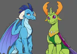 Size: 2000x1401 | Tagged: artist:overlordneon, changedling, changeling, changeling king, derpibooru import, dragon, dragoness, dragon lord ember, duo, female, gray background, king thorax, male, princess ember, safe, simple background, smiling, thorax