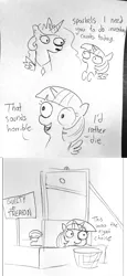 Size: 1440x3137 | Tagged: safe, artist:tjpones, derpibooru import, princess celestia, twilight sparkle, twilight sparkle (alicorn), alicorn, pony, sparkles! the wonder horse!, abuse, bad end, comic, dark comedy, dialogue, disproportionate retribution, execution, female, gallows humor, grayscale, guillotine, imminent death, imminent decapitation, lineart, mare, monochrome, pencil drawing, traditional art, treason, twilybuse, worth it