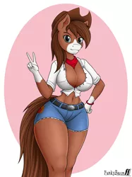 Size: 2108x2816 | Tagged: suggestive, artist:funkybacon, derpibooru import, oc, oc:autumn harvest, unofficial characters only, anthro, earth pony, absolute cleavage, anthro oc, big breasts, breasts, cleavage, clothes, commission, cowboy hat, daisy dukes, female, hand on hip, hat, high res, looking at you, mare, peace sign, shorts, smiling, solo, solo female, stetson