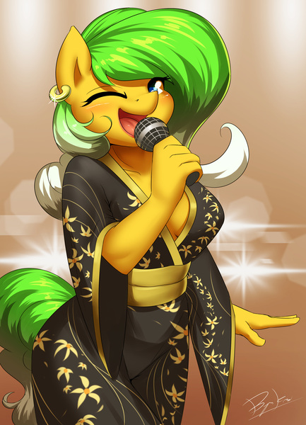 Size: 1500x2080 | Tagged: safe, artist:burgerkiss, derpibooru import, oc, unofficial characters only, anthro, earth pony, abstract background, breasts, cleavage, clothes, ear piercing, earring, female, jewelry, kimono (clothing), looking at you, mare, microphone, one eye closed, piercing, singing, solo, wink