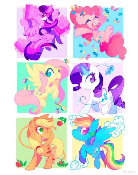 Size: 789x1000 | Tagged: safe, artist:sharmie, derpibooru import, applejack, fluttershy, pinkie pie, rainbow dash, rarity, twilight sparkle, twilight sparkle (alicorn), alicorn, earth pony, pegasus, pony, book, confetti, cowboy hat, cute, female, flying, glowing horn, hat, lasso, magic, mane six, mare, needle, rope, smiling, telekinesis, thread