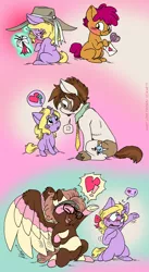 Size: 769x1400 | Tagged: safe, artist:kaemantis, deleted from derpibooru, derpibooru import, pipsqueak, oc, oc:prettydig, oc:sugar skull, earth pony, pegasus, pony, unicorn, colt, crush, femboy, foal, infatuation, male, next generation, parent:dinky hooves, parent:pipsqueak, parent:scootaloo, parent:snips, parent:truffle shuffle, parent:zippoorwhill, story included