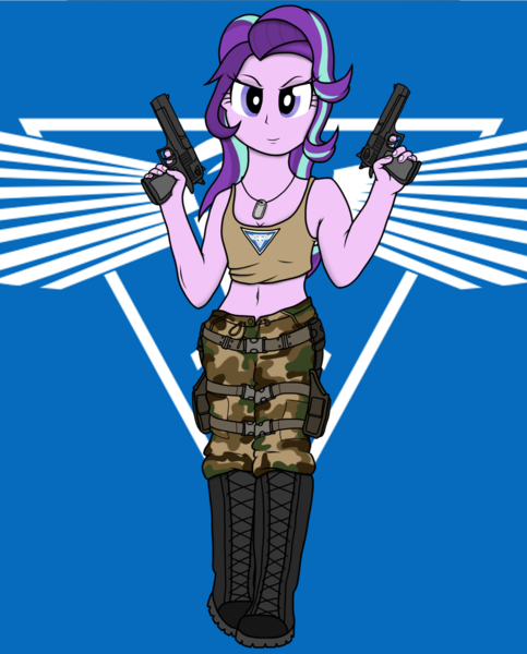 Size: 2060x2560 | Tagged: safe, artist:xphil1998, derpibooru import, starlight glimmer, equestria girls, belly button, boots, camouflage, clothes, command and conquer, crossover, desert eagle, dog tags, dual wield, gun, guns akimbo, midriff, military, red alert 3, shoes, smiling, tanktop, tanya adams, weapon