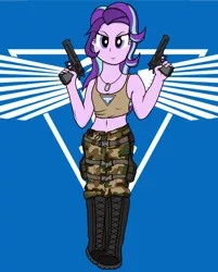 Size: 2060x2560 | Tagged: safe, artist:xphil1998, derpibooru import, starlight glimmer, equestria girls, belly button, boots, camouflage, clothes, command and conquer, crossover, desert eagle, dog tags, dual wield, gun, guns akimbo, midriff, military, red alert 3, shoes, smiling, tanktop, tanya adams, weapon