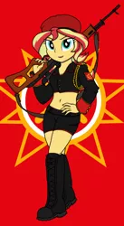 Size: 1536x2796 | Tagged: safe, artist:xphil1998, derpibooru import, sunset shimmer, equestria girls, belly button, beret, boots, clothes, command and conquer, crossover, epaulettes, gun, hat, midriff, military, natasha volkova, red alert 3, rifle, shoes, shorts, sling, smiling, sniper rifle, soviet shimmer, weapon