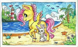 Size: 1024x617 | Tagged: safe, artist:twixyamber, derpibooru import, angel bunny, fluttershy, crab, pegasus, pony, alternate hairstyle, beach, colored wings, lighthouse, multicolored wings, ocean, profile, raised hoof, walking, water, wings