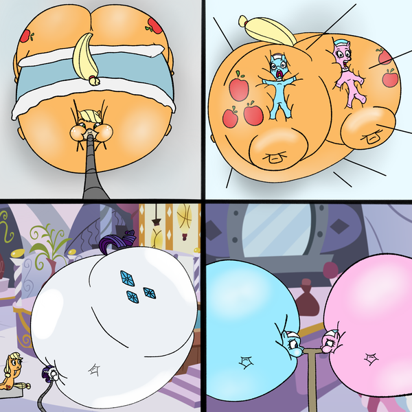 Size: 2048x2048 | Tagged: air inflation, aloe, appleblimp, applejack, artist:boman100, bathrobe, belly, clothes, comic, derpibooru import, fanfic, fanfic art, fanfic:breathers for applejack, hose, huge butt, impossibly large belly, impossibly large butt, inflation, large butt, lotus blossom, questionable, rariblimp, rarity, robe, spa, spa twins, squishy