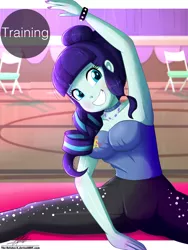 Size: 1020x1360 | Tagged: safe, artist:the-butch-x, derpibooru import, coloratura, equestria girls, armpits, breasts, clothes, commission, exercise, female, grin, pants, rara, signature, smiling, solo, splits, stretching, sweat, training, yoga pants