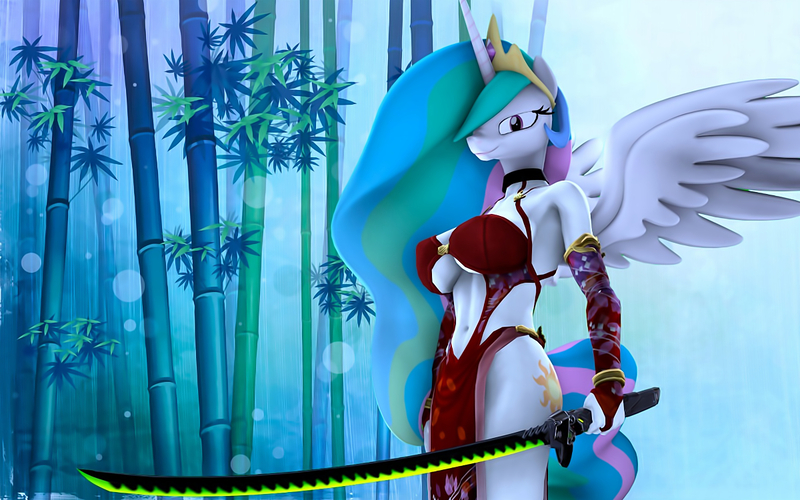 Size: 1200x750 | Tagged: suggestive, artist:loveslove, derpibooru import, princess celestia, alicorn, anthro, pony, 3d, armor, breasts, busty princess celestia, choker, clothes, confident, crown, cutie mark, ethereal mane, fantasy class, female, flowing mane, genji (overwatch), jewelry, katana, mare, multicolored mane, multicolored tail, narrowed eyes, overwatch, purple eyes, regalia, royalty, smiling, smirk, solo, solo female, source filmmaker, spread wings, stupid sexy celestia, sword, tiara, warrior, warrior celestia, weapon