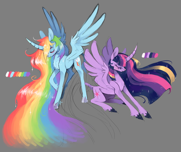 Size: 2406x2010 | Tagged: safe, artist:xenon, derpibooru import, rainbow dash, twilight sparkle, twilight sparkle (alicorn), alicorn, pony, alicornified, chest fluff, duo, eyes closed, female, flowing mane, gray background, high res, mare, race swap, rainbowcorn, simple background, sparkles, spread wings, unshorn fetlocks, wings