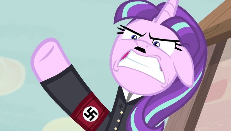 Size: 900x511 | Tagged: derpibooru import, edgy, edit, edited screencap, heil, nazi, offensive, politics, safe, screencap, sieg heil, starlight glimmer, starlight himmler, swastika, the cutie map, we are going to heil, we are going to hell