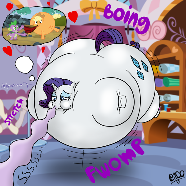 Size: 2048x2048 | Tagged: air inflation, appleblimp, applejack, artist:boman100, bedroom eyes, bellows, bingo wings, carousel boutique, derpibooru import, dragon, fetish, floating, heart, hose, hose bulges, inflation, muffled moaning, puffy cheeks, questionable, rariblimp, rarity, spike, spike at your service, stretched cutie mark, thought bubble