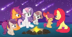 Size: 1174x617 | Tagged: safe, artist:velveagicsentryyt, derpibooru import, apple bloom, scootaloo, sweetie belle, oc, oc:easy dance, oc:explosion loo, oc:gentle mash, pony, campfire, cutie mark crusaders, night, offspring, older, parent:apple bloom, parent:button mash, parent:rumble, parent:scootaloo, parent:sweetie belle, parent:tender taps, parents:rumbloo, parents:sweetiemash, parents:tenderbloom, shooting star