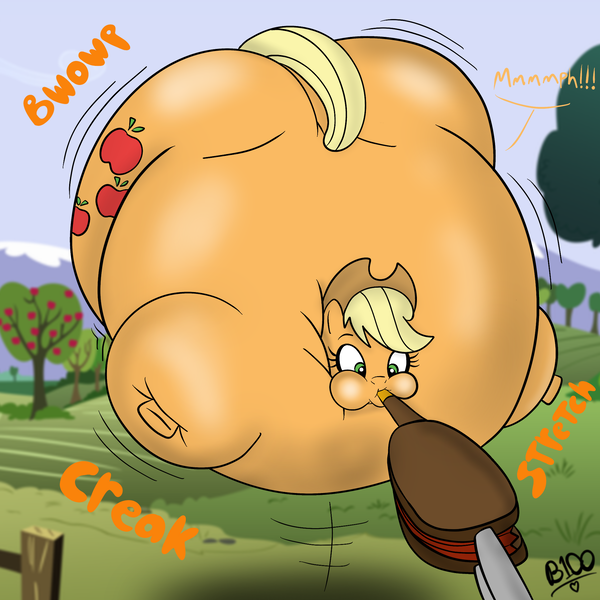 Size: 2048x2048 | Tagged: air inflation, appleblimp, applejack, artist:boman100, bellows, bingo wings, derpibooru import, floating, inflation, muffled words, offscreen character, puffy cheeks, questionable, sound effects, stretched cutie mark, sweet apple acres