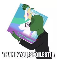 Size: 800x822 | Tagged: artist needed, blushing, derpibooru, derpibooru import, human, image macro, kissing, meme, meta, oc, oc:anon, princess celestia, safe, spoilered image joke, tag hidden