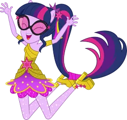 Size: 10247x9708 | Tagged: safe, artist:sugar-loop, derpibooru import, sci-twi, twilight sparkle, dance magic, equestria girls, spoiler:eqg specials, .svg available, absurd resolution, clothes, dance magic (song), dress, female, glasses, jumping, ponied up, ponytail, simple background, solo, transparent background, vector, wingless