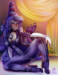 Size: 900x1157 | Tagged: alternate hairstyle, artist:guinefurrie, bayonetta, boots, breasts, busty rarity, cleavage, clothes, cosplay, costume, crossover, derpibooru import, female, glasses, high heel boots, high heels, human, humanized, looking at you, pinup, rarity, series:nightmare war, shoes, solo, solo female, suggestive