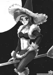 Size: 1000x1400 | Tagged: allie way, artist:johnjoseco, badass adorable, belly button, breasts, broom, cute, derpibooru import, female, flying, flying broomstick, full moon, grayscale, human, human female, humanized, midriff, monochrome, moon, open mouth, safe, solo, witch