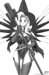 Size: 1000x1533 | Tagged: artist:johnjoseco, breasts, clothes, cosplay, costume, crossover, cute, derpibooru import, female, fluttershy, grayscale, human, humanized, mercy, mercyshy, monochrome, overwatch, shyabetes, solo, solo female, suggestive, witch