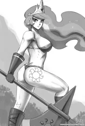 Size: 1000x1467 | Tagged: amazon, armor, artist:johnjoseco, ass, axe, badass, breasts, busty princess celestia, clothes, crown, cutie mark, cutie mark on human, derpibooru import, dragon's crown, female, glare, grayscale, human, human female, humanized, jewelry, looking at you, monochrome, muscles, panties, praise the sun, princess celestia, princess musclestia, regalia, royalty, sexy, solo, solo female, stupid sexy celestia, suggestive, sunbutt, thong, tiara, unconvincing armor, underwear, warrior, warrior celestia, weapon