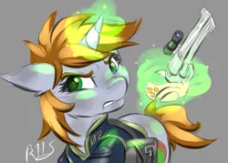 Size: 931x666 | Tagged: safe, artist:drizziedoodles, derpibooru import, oc, oc:littlepip, unofficial characters only, pony, unicorn, fallout equestria, fanfic, clothes, fanfic art, female, glowing horn, gray background, gun, handgun, horn, little macintosh, magic, mare, revolver, saddle bag, simple background, solo, telekinesis, vault suit, weapon