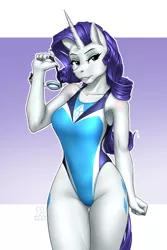 Size: 1900x2850 | Tagged: suggestive, artist:mykegreywolf, derpibooru import, rarity, anthro, unicorn, armpits, clothes, female, goggles, high-cut clothing, lipstick, mare, one-piece swimsuit, open mouth, solo, sports, sports swimsuit, swimsuit