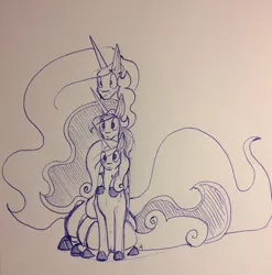 Size: 1266x1280 | Tagged: safe, artist:greyscaleart, derpibooru import, princess cadance, princess celestia, princess luna, alicorn, pony, alicorn triarchy, monochrome, stack, traditional art