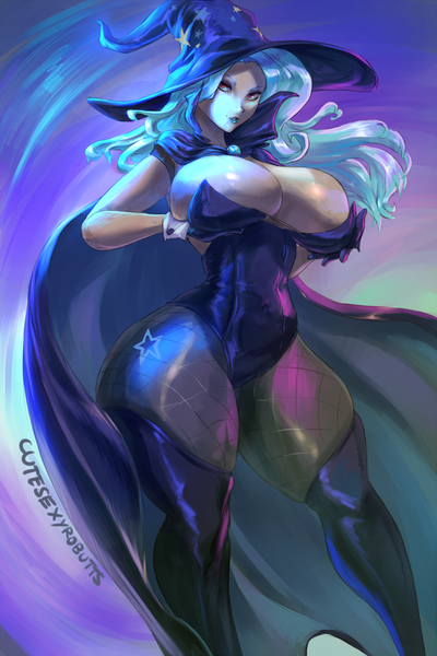 Size: 1050x1575 | Tagged: absolute cleavage, artist:cutesexyrobutts, big breasts, blue lipstick, boots, breast fondling, breast grab, breastless clothes, breast overpour, breasts, busty trixie, cape, cleavage, clothes, commission, cuffs (clothes), curvy, cutie mark on human, derpibooru import, female, fishnets, gloves, grope, hat, huge breasts, human, humanized, leotard, lipstick, magician outfit, pantyhose, questionable, seductive, seductive look, seductive pose, sexy, shoes, solo, solo female, stupid sexy trixie, thick, thigh boots, thunder thighs, trixie, trixie's cape, trixie's hat, wide hips