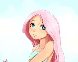 Size: 2500x2000 | Tagged: artist:miokomata, bust, clothes, cute, derpibooru import, female, fluttershy, freckles, high res, human, human female, humanized, safe, shyabetes, smiling, solo