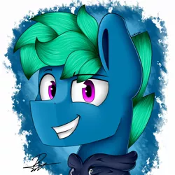 Size: 1200x1200 | Tagged: safe, artist:supermoix, derpibooru import, oc, oc:supermoix, unofficial characters only, pony, blue coat, bust, green hair, green mane, grin, happy, male, pink eyes, signature, smiling, solo, stallion