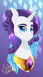 Size: 657x1168 | Tagged: safe, artist:djspark3, derpibooru import, rarity, pony, unicorn, bust, curved horn, cute, cutie mark background, element of generosity, eyeshadow, female, hair bun, horn jewelry, jewelry, makeup, mare, peytral, portrait, raribetes, signature, smiling, solo