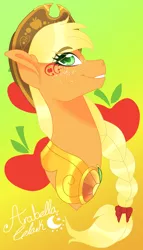 Size: 1432x2500 | Tagged: applejack, artist:djspark3, braided ponytail, bust, cowboy hat, cutie mark background, derpibooru import, element of honesty, hat, makeup, portrait, safe, signature, smiling, solo, stetson