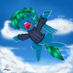 Size: 5808x5808 | Tagged: safe, artist:supermoix, derpibooru import, oc, oc:supermoix, unofficial characters only, pegasus, pony, absurd resolution, angry, blue coat, cloud, flying, green hair, green mane, green tail, male, open mouth, sky, solo, spread wings, stallion, wings