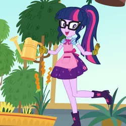 Size: 2000x2000 | Tagged: safe, artist:phucknuckl, derpibooru import, sci-twi, twilight sparkle, equestria girls, equestria girls series, my little shop of horrors, apron, boots, celestia's house, clothes, cute, female, geode of telekinesis, glasses, gloves, happy, open mouth, raised leg, room to grow, shoes, show accurate, smiling, solo, stars, tree, twiabetes, watering can