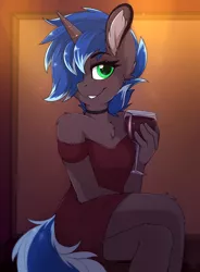 Size: 1408x1914 | Tagged: safe, artist:meggchan, derpibooru import, oc, oc:lock down, unofficial characters only, anthro, unguligrade anthro, unicorn, alcohol, anthro oc, bar, blushing, chest fluff, choker, clothes, crossdressing, cup, dress, ear fluff, femboy, looking at you, male, malesub, red dress, sitting, smiling, solo, stallion, submissive, trap, unicorn malesub, unicorn oc, wine