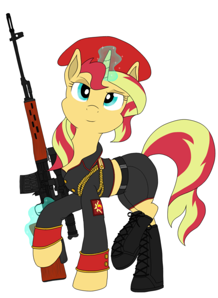 Size: 1256x1716 | Tagged: safe, artist:xphil1998, derpibooru import, sunset shimmer, pony, unicorn, beret, boots, clothes, command and conquer, crossover, dragunov, dragunov svd, epaulettes, female, glowing horn, gun, hat, hooves, horn, looking at you, magic, mare, midriff, military uniform, natasha volkova, optical sight, red alert, red alert 3, rifle, shoes, simple background, sniper, sniper rifle, sniperskya vintovka dragunova, solo, soviet shimmer, svd, telekinesis, transparent background, weapon