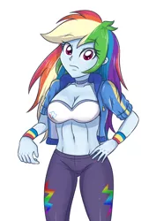 Size: 2893x4092 | Tagged: suggestive, artist:sumin6301, derpibooru import, rainbow dash, equestria girls, equestria girls series, adorasexy, belly button, breasts, busty rainbow dash, choker, cleavage, clothes, cute, dashabetes, female, leggings, midriff, pants, sexy, simple background, solo, solo female, underass, wavy mouth, white background, wristband