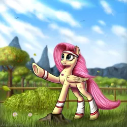 Size: 2000x2000 | Tagged: safe, artist:adagiostring, derpibooru import, fluttershy, pegasus, pony, female, mare, outdoors, solo, workout outfit
