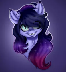 Size: 1045x1133 | Tagged: safe, artist:ggchristian, derpibooru import, oc, oc:evening eclipse, unofficial characters only, pony, bust, chest fluff, fangs, female, hair over one eye, looking at you, mare, portrait, smiling, solo