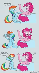 Size: 1155x2165 | Tagged: suggestive, artist:strebiskunk, derpibooru import, pinkie pie, rainbow dash, earth pony, pegasus, pony, secrets and pies, :t, bed, blatant lies, comic, confused, dialogue, disappointing, female, funny porn, glass, implied cunnilingus, implied lesbian, implied oral, implied pinkiedash, implied sex, implied shipping, implied vaginal secretions, lies, looking back, lying down, mare, on back, open mouth, pointing, pure unfiltered evil, raised leg, scrunchy face, shrunken pupils, signature, sitting, that pony sure does hate pies, underhoof, water, wet mane
