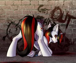 Size: 3400x2800 | Tagged: suggestive, alternate version, artist:vincher, derpibooru import, oc, oc:blackjack, unofficial characters only, pony, unicorn, fallout equestria, fallout equestria: project horizons, commission, covering, face down ass up, female, graffiti, looking at you, looking back, looking back at you, presenting, rear view, solo, underhoof, ych result