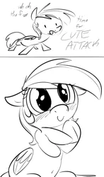 Size: 752x1276 | Tagged: safe, artist:dotkwa, derpibooru import, rainbow dash, pegasus, pony, comic, cute, dashabetes, dialogue, female, floppy ears, mare, monochrome, solo