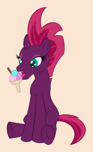 Size: 1303x2134 | Tagged: safe, artist:cybersquirrel, derpibooru import, fizzlepop berrytwist, tempest shadow, unicorn, my little pony: the movie, broken horn, colored pupils, female, flat colors, food, ice cream, licking, simple background, sitting, solo, tongue out