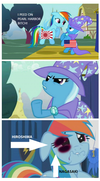 Size: 936x1680 | Tagged: abuse, abuse edit, black eye, boast busters, comic, dashabuse, derpibooru import, edit, edited edit, edited screencap, eqg flag-tag meme, japan, japanese empire, parental glideance, poor rainbow dash, rainbow dash, screencap, semi-grimdark, trixie, united states, world war ii